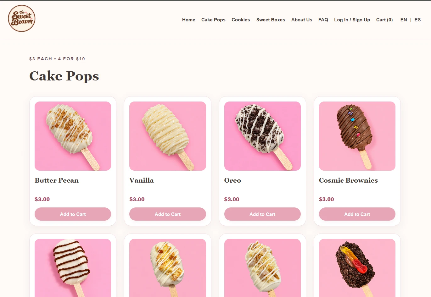 The Sweet Beaver cake pop shop page with products, prices and Add to Cart buttons